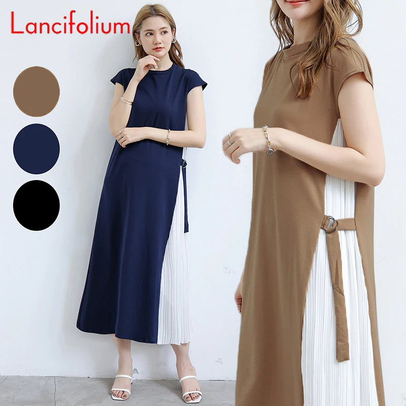 

Женское плиссированное платье-футболка средней длины, хлопковое шифоновое контрастное платье составного кроя с оборками и круглым вырезом...