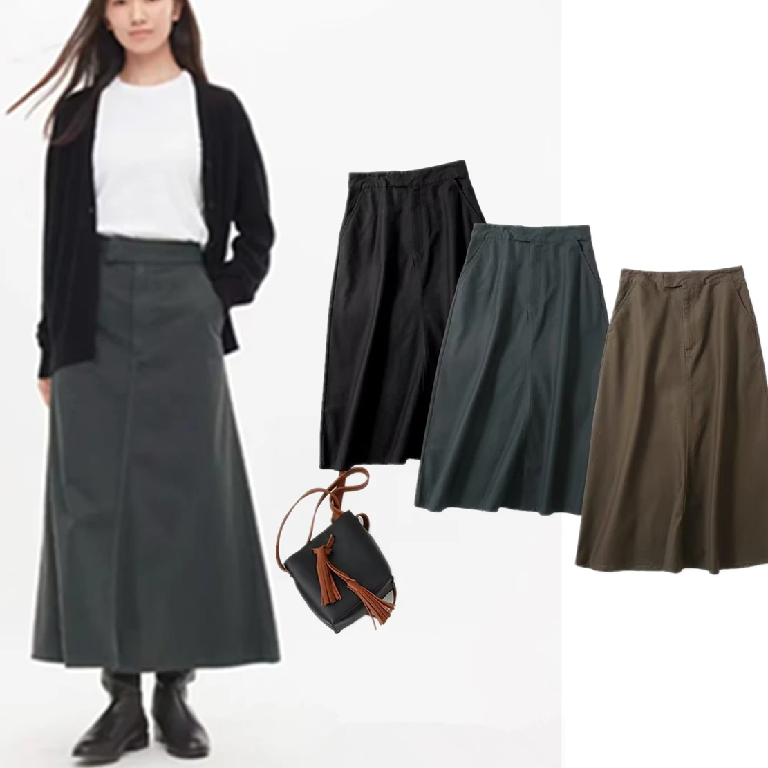 

Withered Simple Skirt Women High Waist A-line Japanese Style Midi