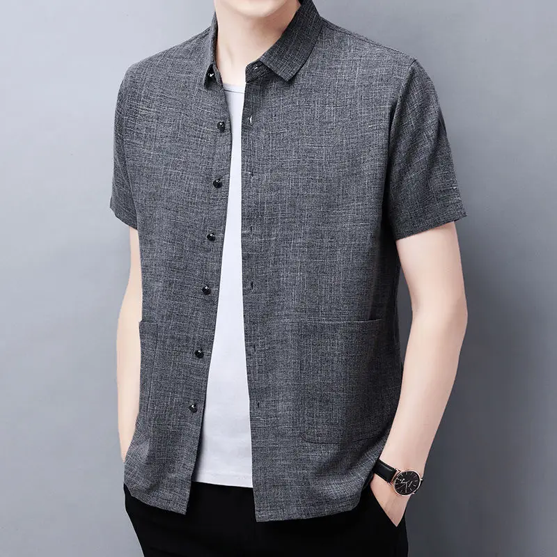 

Рубашка-поло мужская с коротким рукавом, хлопково-Льняная сорочка с воротником-поло, повседневная сорочка с несколькими карманами, однотон...