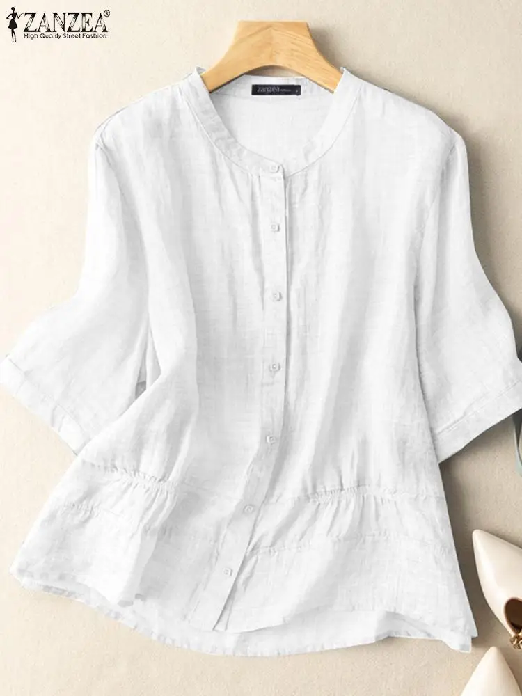 

Блузка ZANZEA женская с рукавом 3/4 и круглым вырезом, стильная рубашка на пуговицах, Повседневная Свободная рабочая одежда в стиле оверсайз, туника, лето 2023