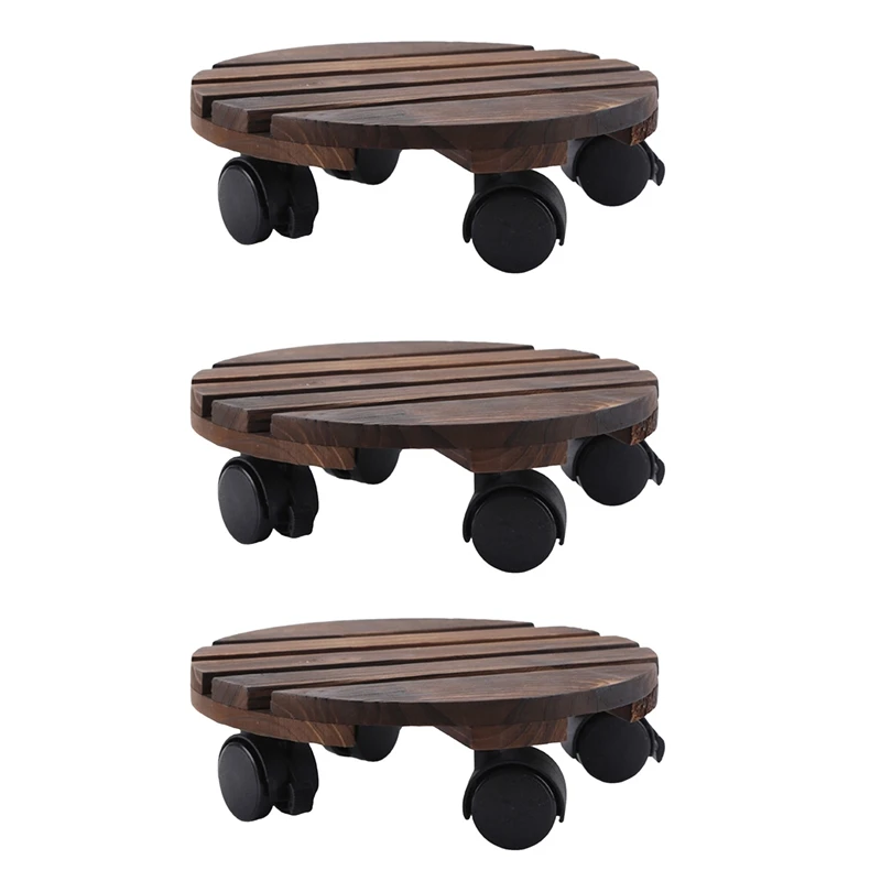 

3X Movable Plant Stand Caddy Round Flower Pot Wooden Trolley Mover With Wheels-30Cm