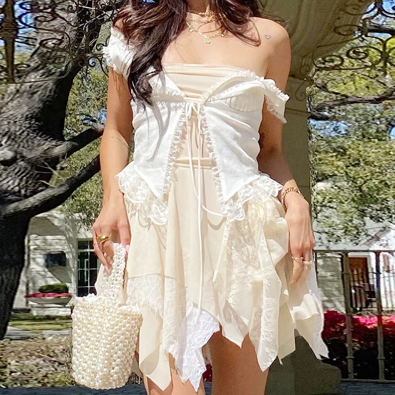 

Летнее платье феи Y2K с асимметричным подолом с оборками, женское Бандажное платье без рукавов, с открытой спиной, без бретелек, кружевное цве...