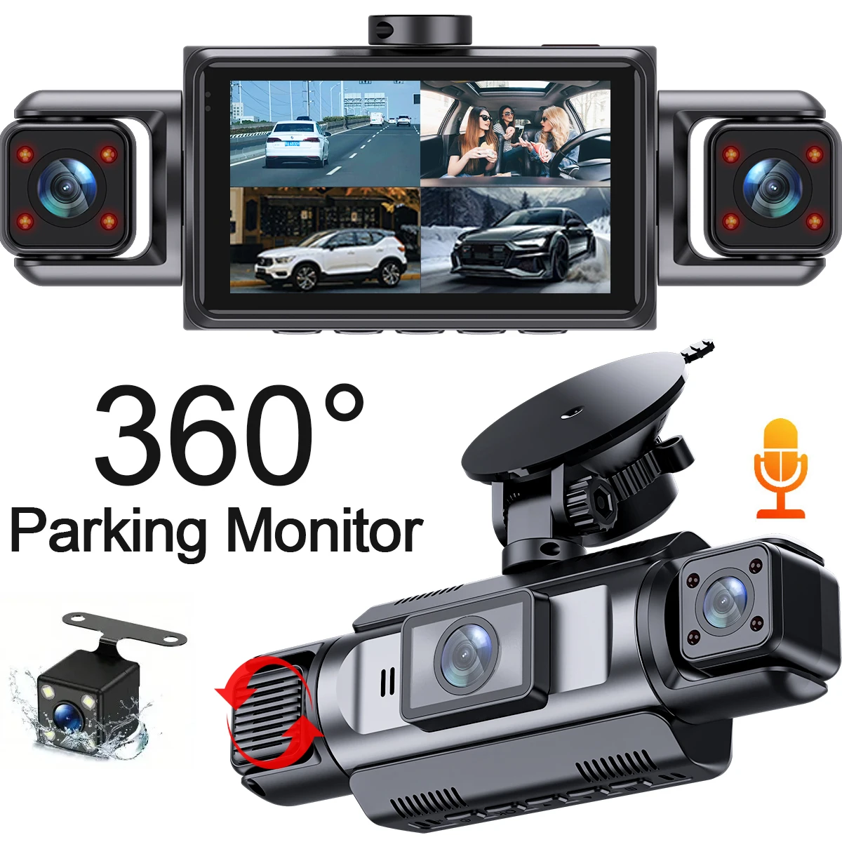 Фото Автомобильный видеорегистратор DashCam, видеорегистратор, 4 канала, 360 °   WIFI Передняя внутренняя вращающаяся камера заднего вида 24-часовой парковочный монитор Видеорегистратор автомобиля №1