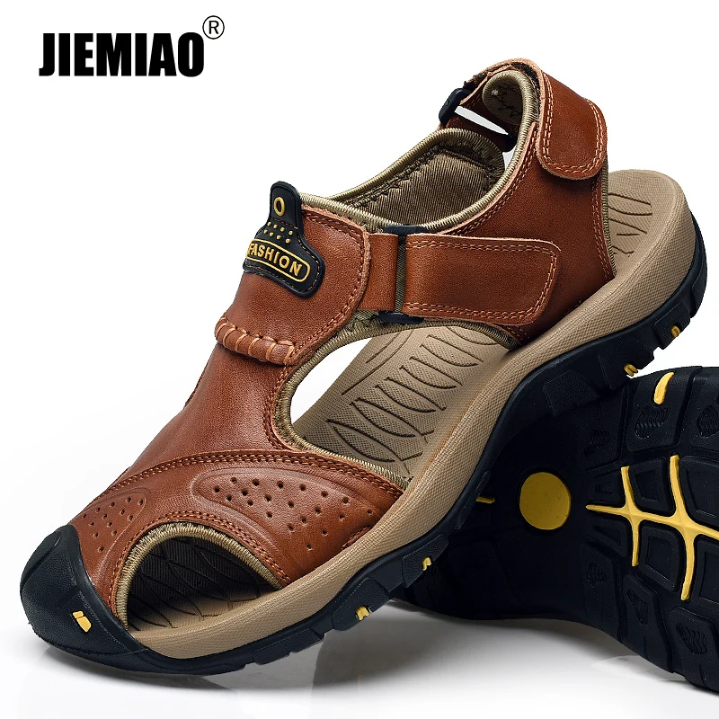 

JIEMIAO Genuine Leather Men Casual Shoes Summer New Large Size Men Beach Sandals Fashion Men's Casual Sandal Slippers Size 38-46