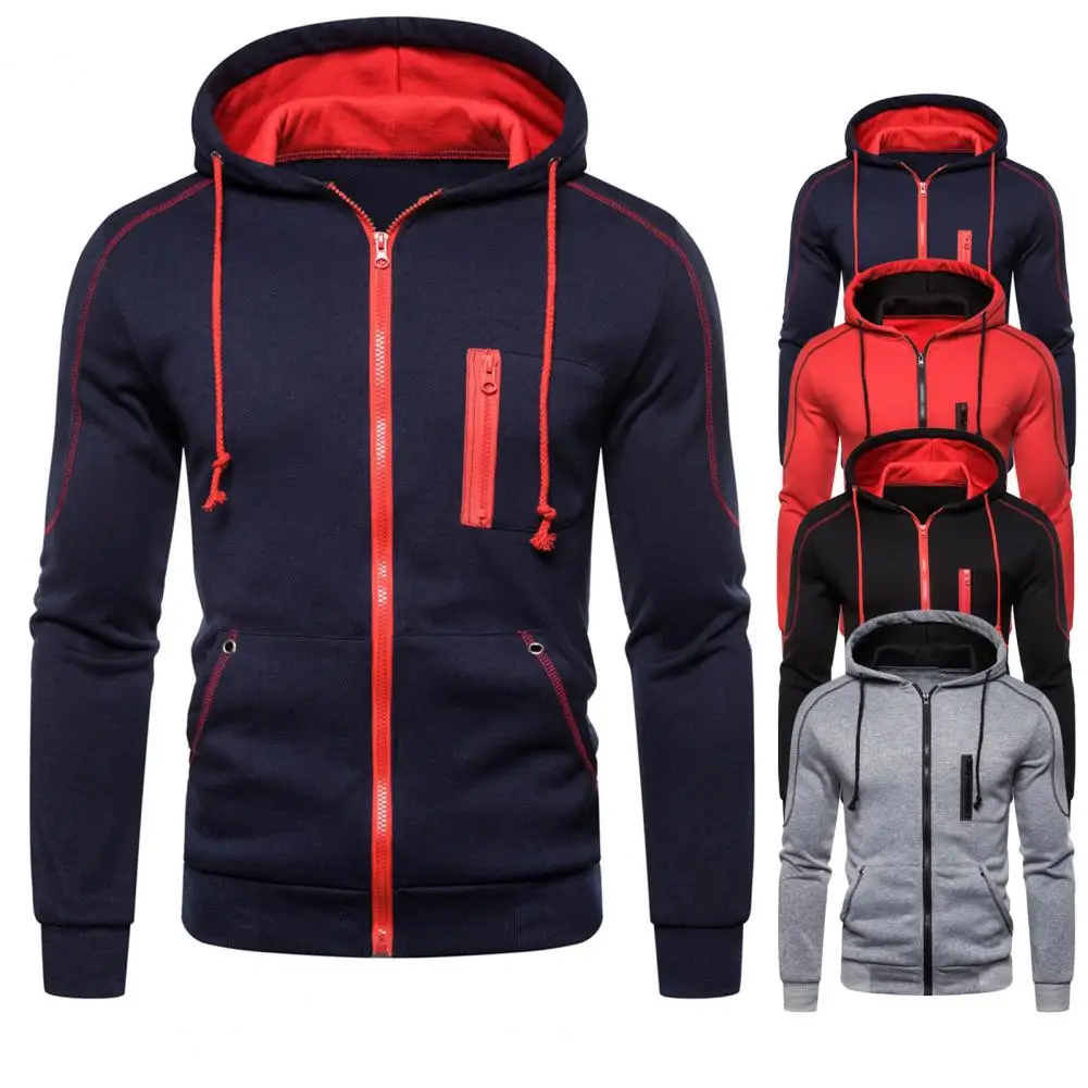 

Мужская толстовка с капюшоном, пальто контрастных цветов, толстый кардиган, повседневная мужская куртка на молнии с длинным рукавом, повсед...