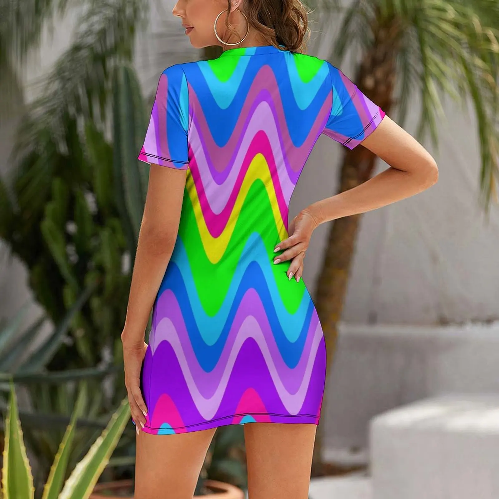 Groovy Disco Waves - Neon Glow Платье с короткими рукавами 70-х годов милое платье Женское