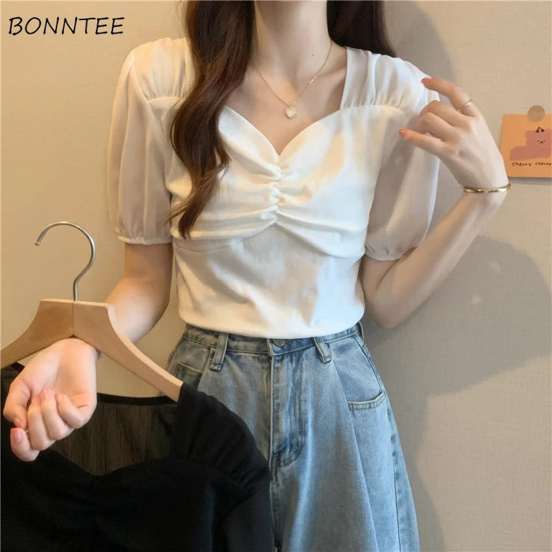 

Blouses Women Puff Sleeve Chic Femme Cozy Solid Folds Design Causal Korean College Tender Slim Crops Basic Mujer Blusas Stylish