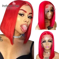 Short Bob Pixie Cut Straight Red Pink Honey Blonde Color 4X4 Closure Human Hair HD Transparent 13X4 T Part Lace Front Wigs Women