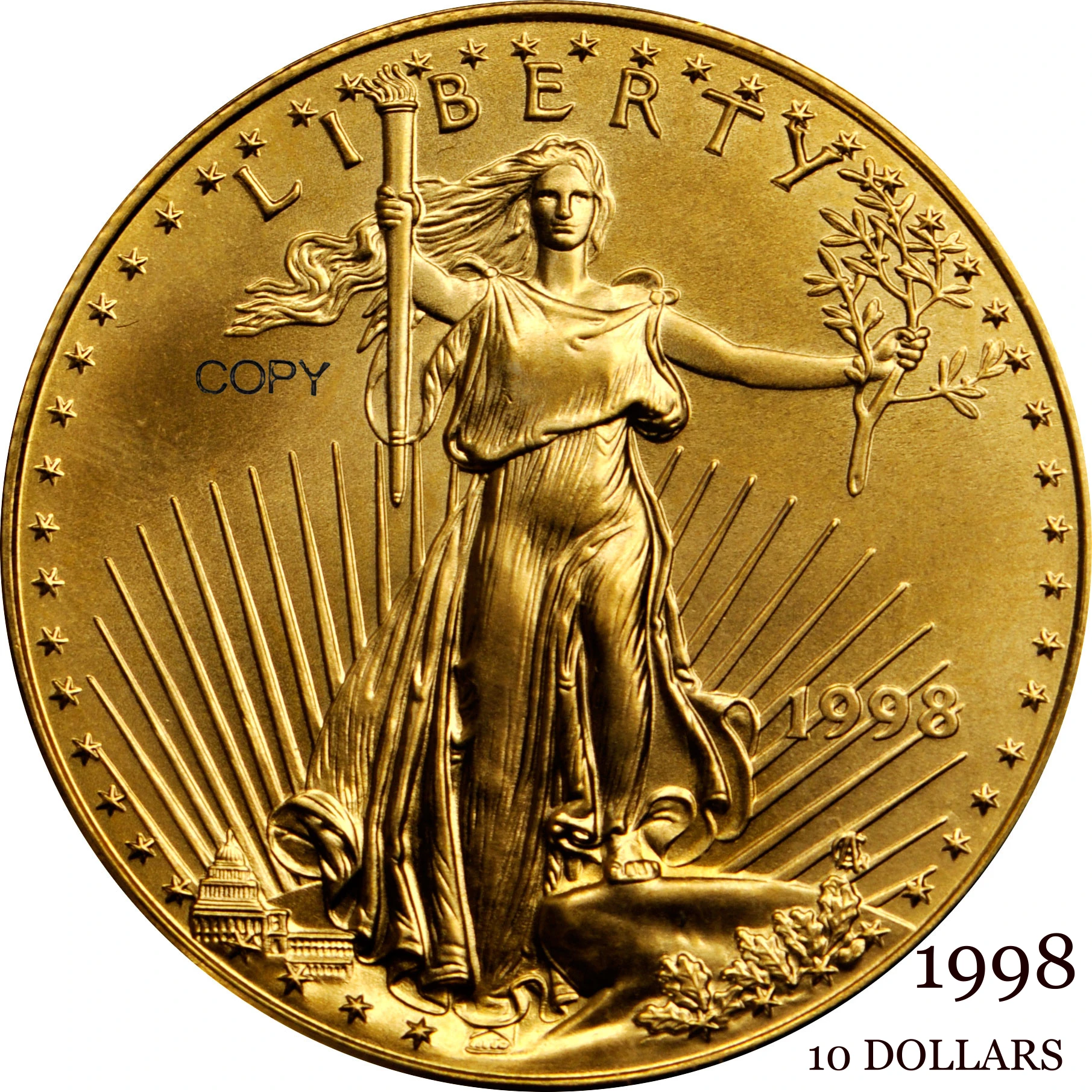 

United States US 1998 10 Ten Dollars Quarter Ounce American Gold Eagle Bullion Coinage USA Liberty Gold Brass Metal Copy Coin
