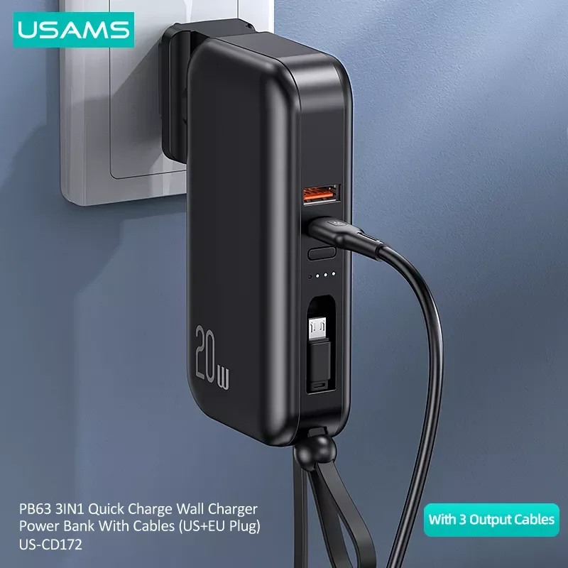 

NEW USAMS Power Bank 10000mAh With 20W PD Fast Charging Powerbank 3 In 1 Wall Charger With Cables US EU Plug For iPhone Phone
