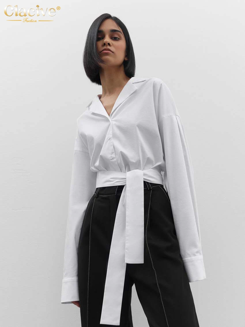 

Модные женские блузки Clacive, осень 2022, рубашки с отложным воротником и длинным рукавом, на шнуровке, уличная одежда, повседневные облегающие б...