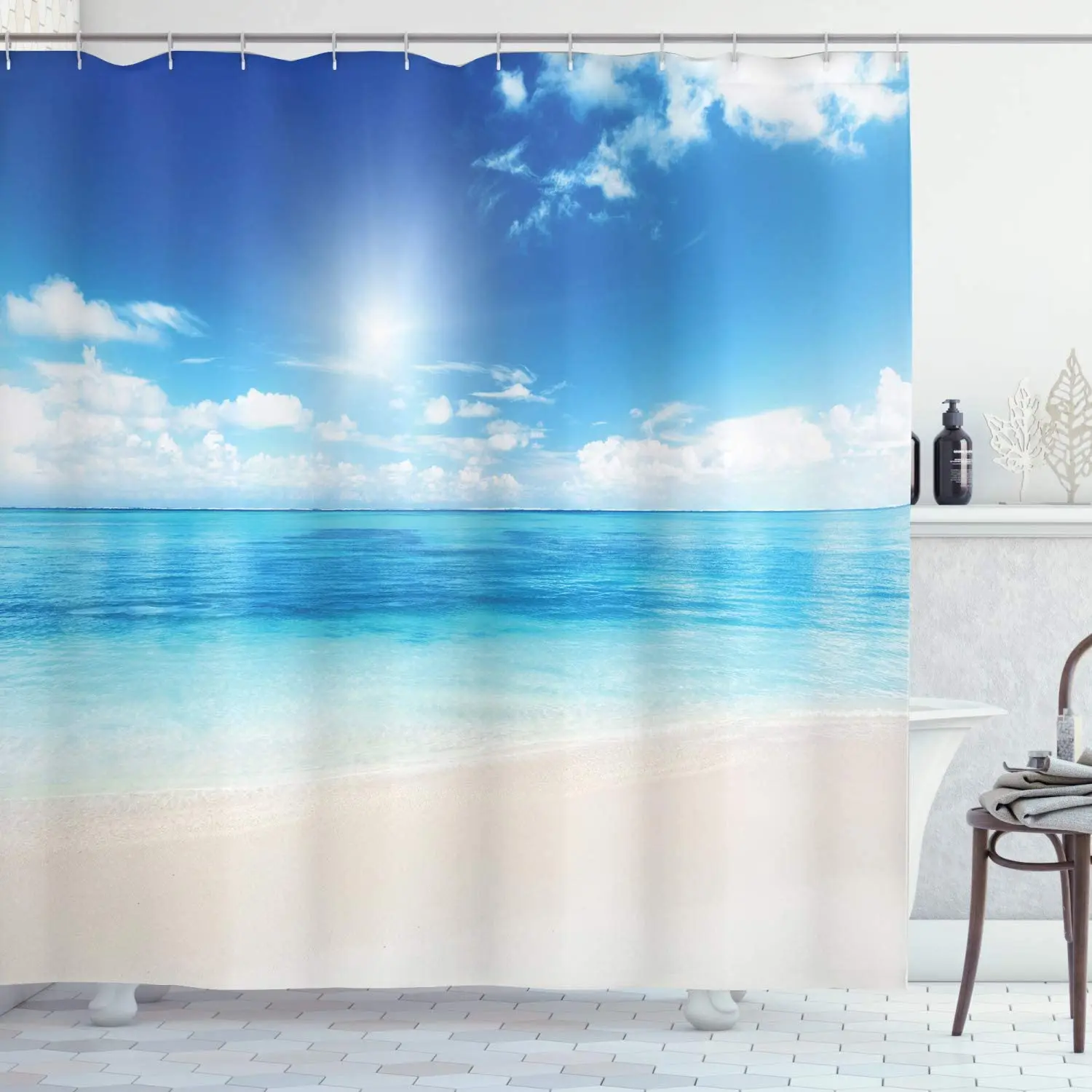 

Занавеска для душа с Приморским и морским пейзажем, тканевая декоративная штора с крючками для ванной комнаты, для пляжа, воды, пальмы, Гавайского ландшафта, синяя, зеленая