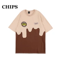 chips 2022 summer color contrast splicing embroidery t shirt men women streetwear hip hop t shirts oversize 100 cotton top tees