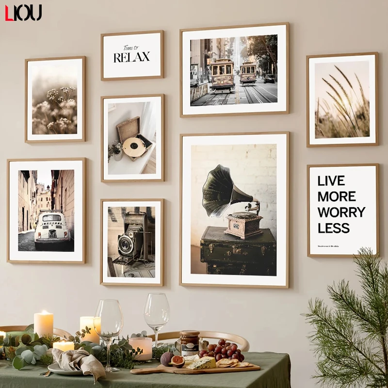 Настенная живопись винтажная камера проигрыватель записей велосипед машинка в