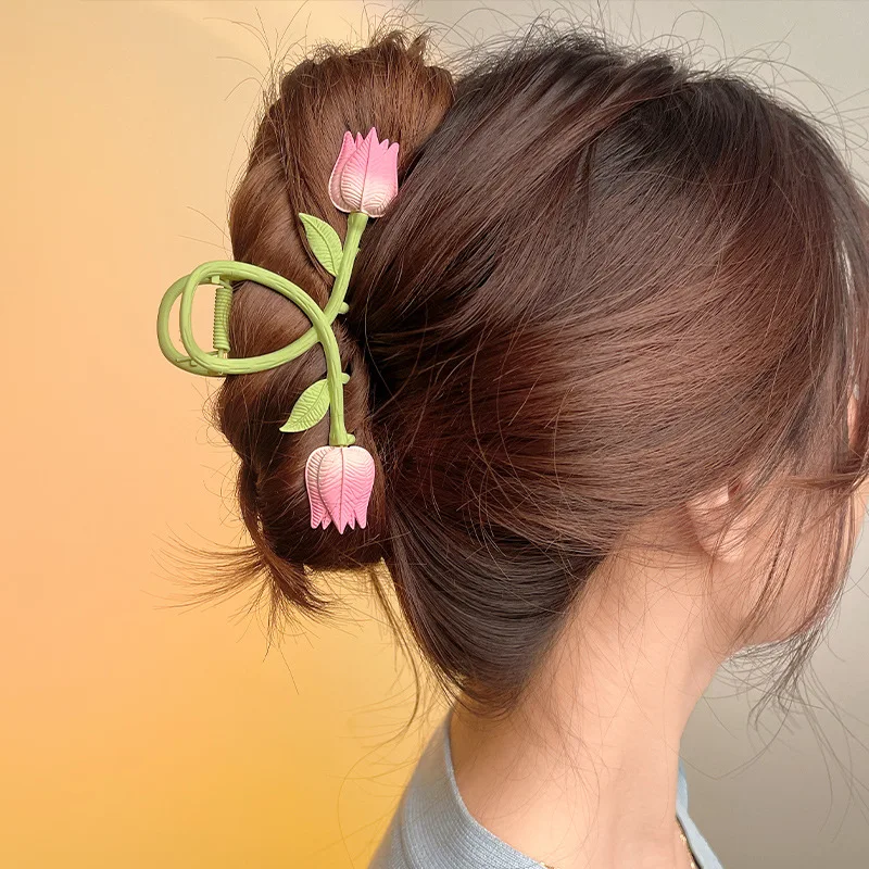 

Tulip Flower Clamping Clip Female Summer Pastoral Style Large Hair Clamping Hair Clip Pan Hair Shark Clip Hair Accessories