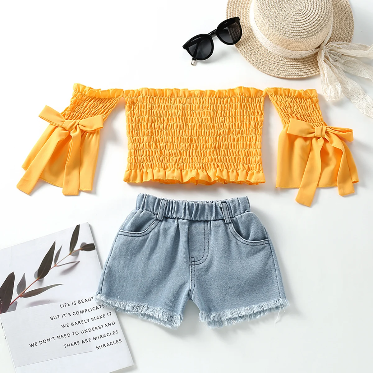 

Ma&Baby 2-7Y Children Kids Girls Clothes Set Ruffles Off Shoulder Tops Denim Shorts Jeans Outfits Summer Costumes D01