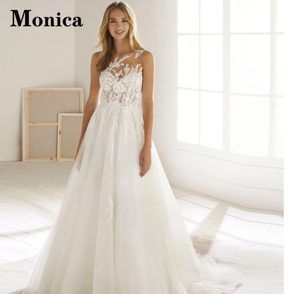 

MONICA Attractive Scoop Sleeveless Button Tulle Wedding Dresses For Mariages Vestidos De Novia Brautmode Customiaed Floral Print