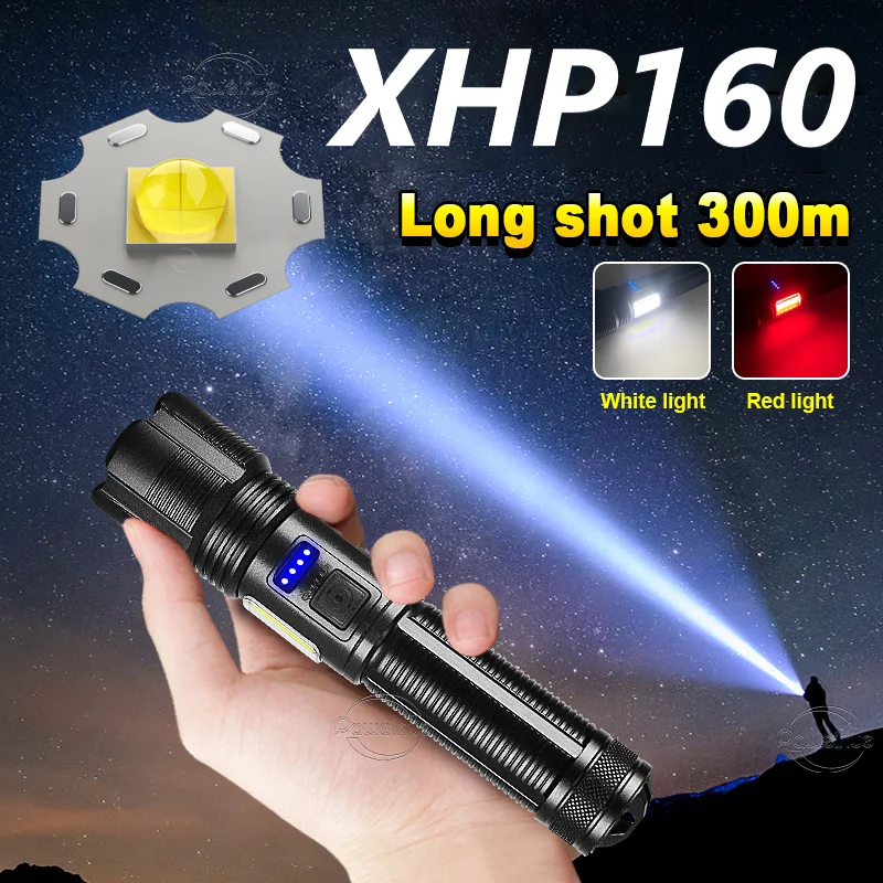 

300000LM Most Powerful LED Flashlight XHP160 USB Rechargeable Light Outdoor Waterproof Tactical Torch 6 Modes Zoomable COB Lamp