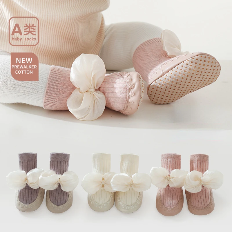 Autumn Winter Baby Floor Socks Non-slip Leather Sole Toddler Socks Cute Bow Princess Socks and Shoes Baby Wear Girl Accessories