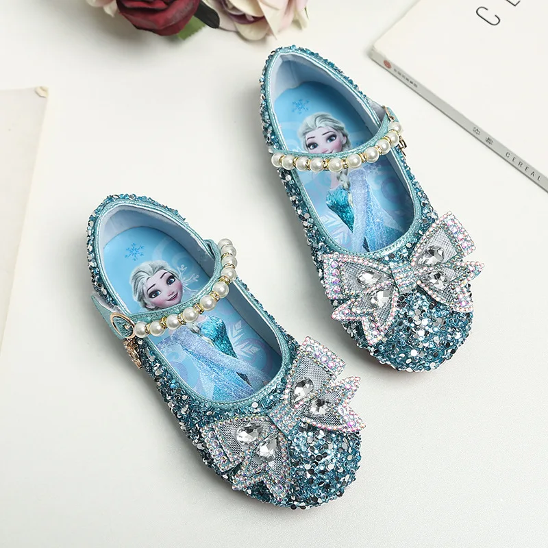 

Disney Spring Summer New Frozen Leather Shoes Crystal Bow Sequin Children's Casual Shoes Princess Elsa Crystal Sandals