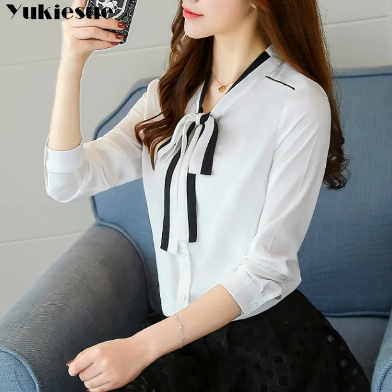 Женская шифоновая блузка с длинным рукавом однотонная Свободная бантом в