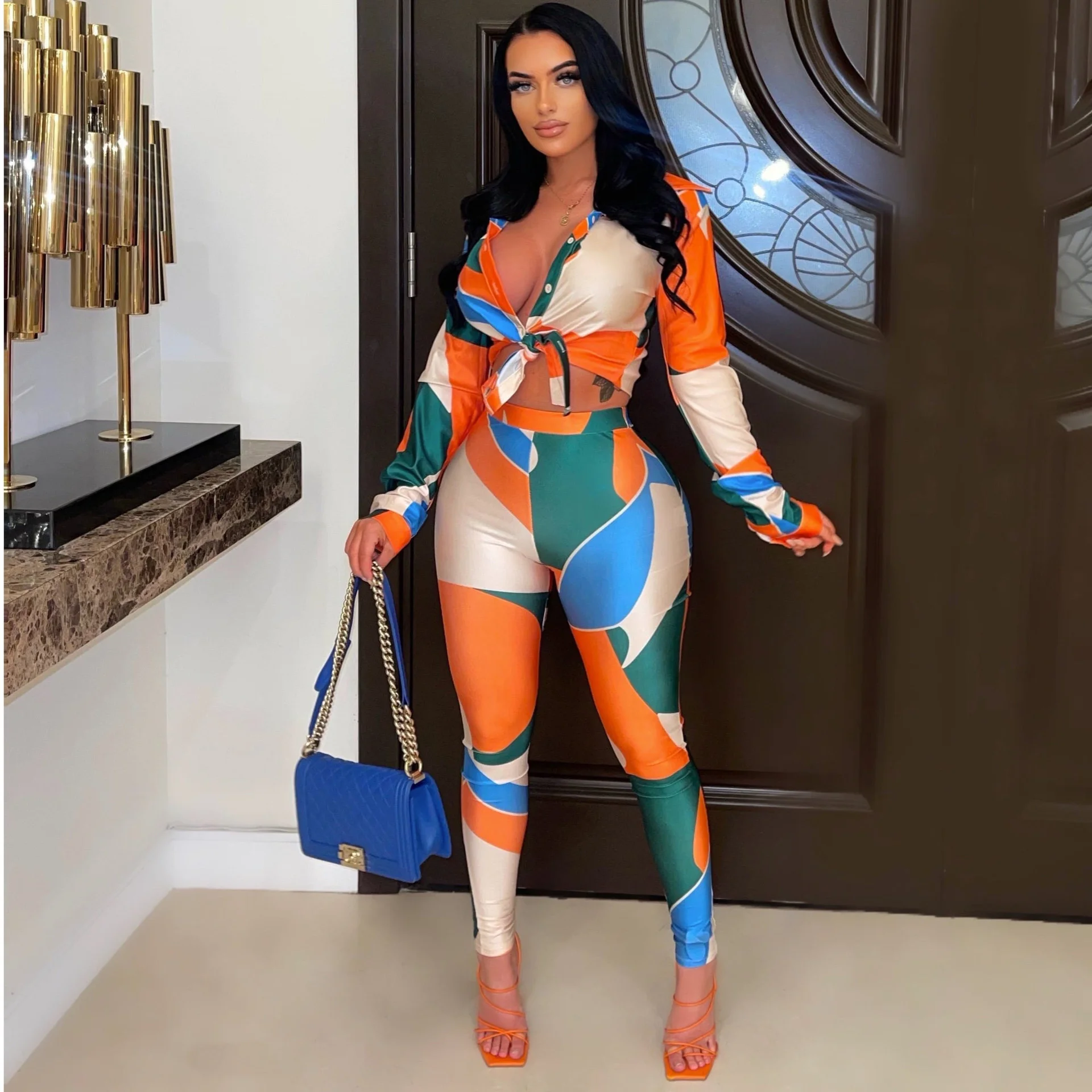 

Zoctuo Two Pieces Sets Chic Tracksuit Outfit Casual Vintage Print Womens Trousers Set Long Sleeve Lapel Shirt Tops Legging Pants