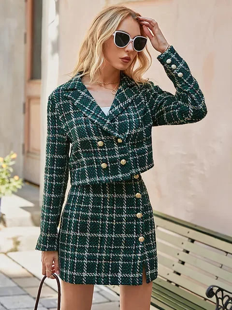 

Simplee Office plaid women blazer coat green Elegant high waist split female mini skirt Fashion lapel long sleeve button blazers