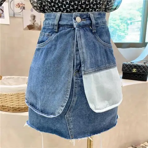 Korean New Pocket Fashion Design Irregular Contrast A-line Skirt Summer High Waist Denim A-line Skirt