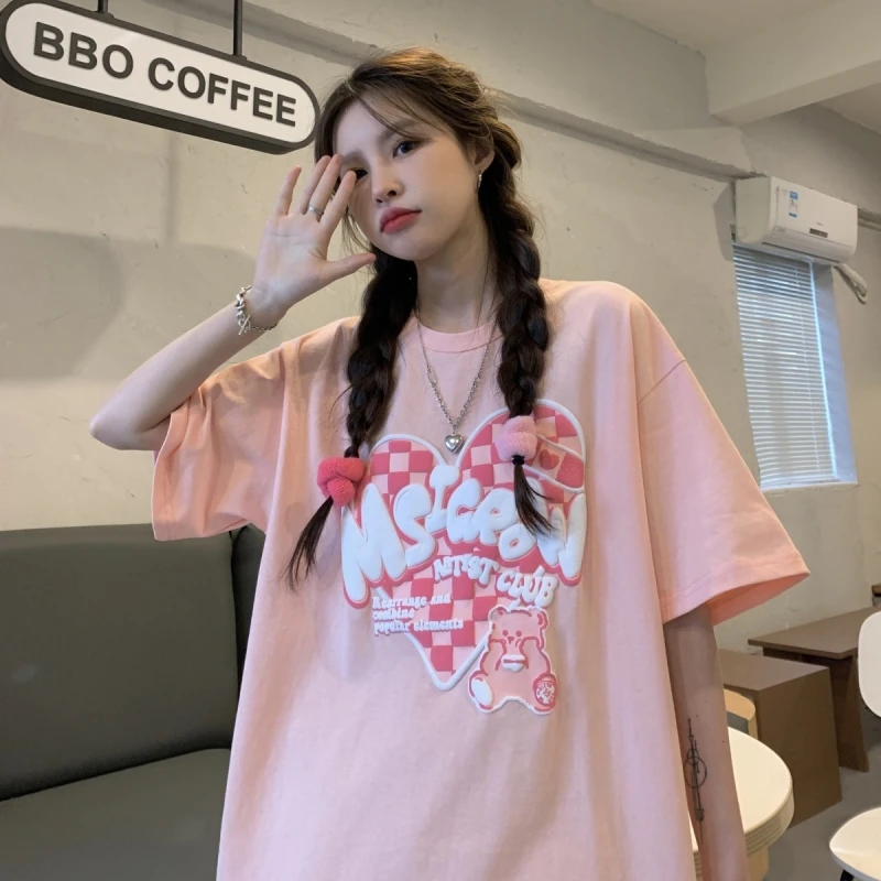 

Women's T-shirts Tops Japanese Kawaii Ulzzang Retro Ins Bear Letter Print Loose Tshirt Female Korean Harajuku Clothes For Women