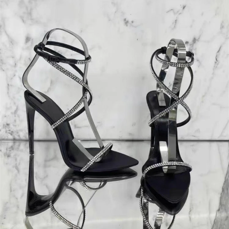 Spring and Summer European and American New Pointed High Heels Rhinestone Cross Strap Black Sexy Fashion Sandals