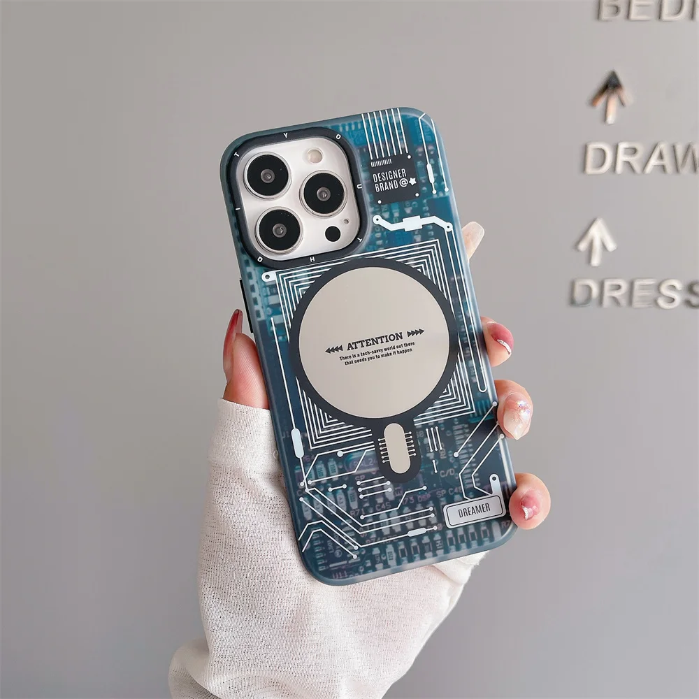 

Circuit Board Case for iPhone 14 Pro Max MagSafe Phone Cover 13 12 Wireless Magnetic Charger Armor Bumper Scientific Technologic