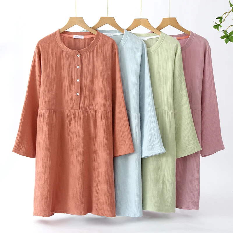 

Spring New Women's Long Sleeve Nightdress 100%Cotton Crepe Round Neck Button Solid Color Dress loose Home Dress Nightgown Dress
