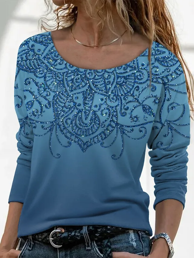 2023 Autumn Round Neck Pullover Spring Women's Daily Long Sleeve Fashion Tops Casual Regular Tee Shirt Vintage Print T-shirt - купить по