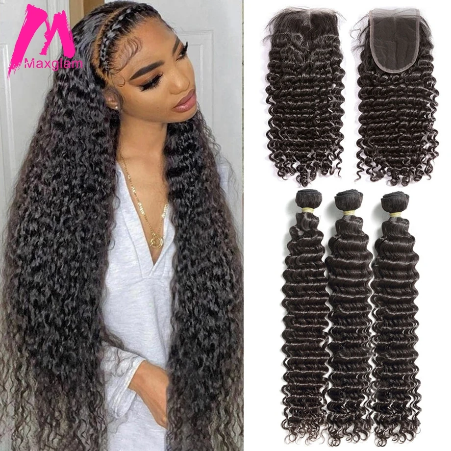 Brazilian Deep Wave Bundles With Closure Human Hair Extension 30 40 Inch Natural Weave 3 4 Bundles For Black Women Hd Lace Remy