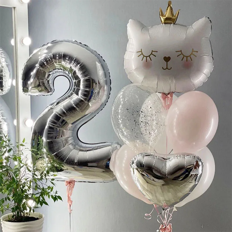9pcs White Crown Cat Number Foil Balloons Happy Birthday Party Decorations Kids Girl 1 2 3 4 5 6 7 8 9 Year Old Animal Supplies
