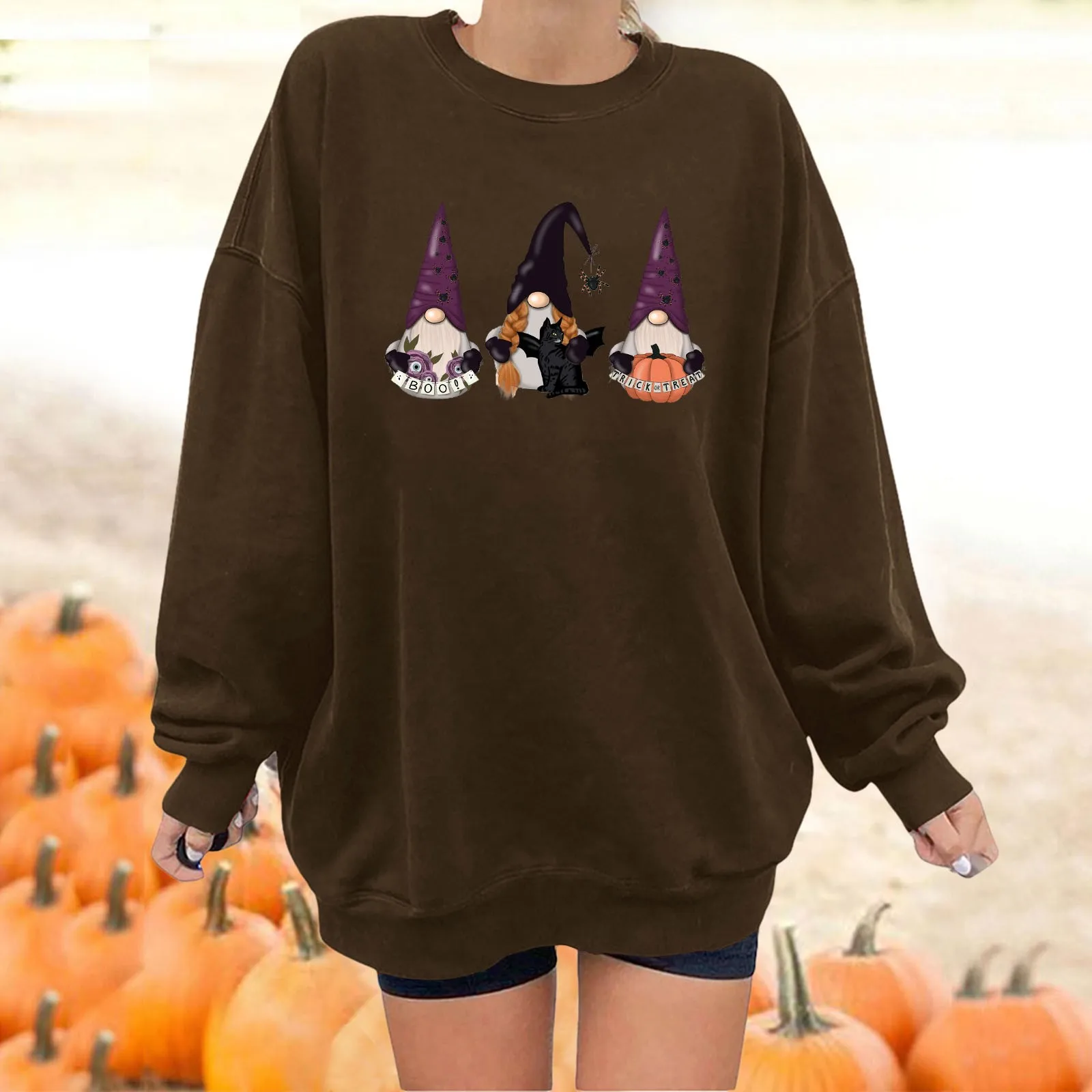 

L Women's Halloween Pullovers Fun Graphic Print Round Neck Long Sleeve Sweatshirt Tops Women's Quilted Fleece