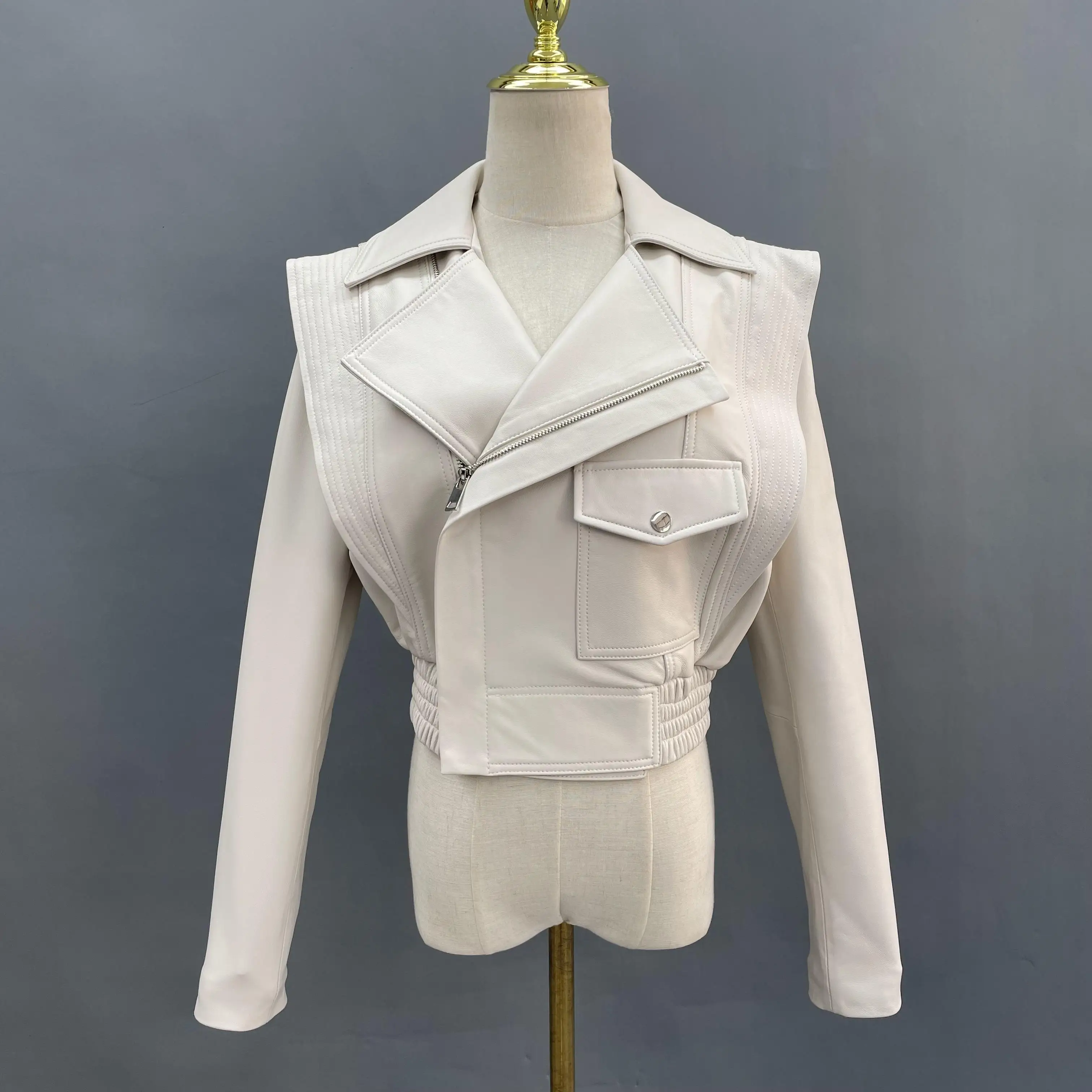 JANEFUR Leather Jackets Women 2023 Fashion Short Black White Real Sheepskin Coat Streetwear Moto Biker Fall Winter Outerwear