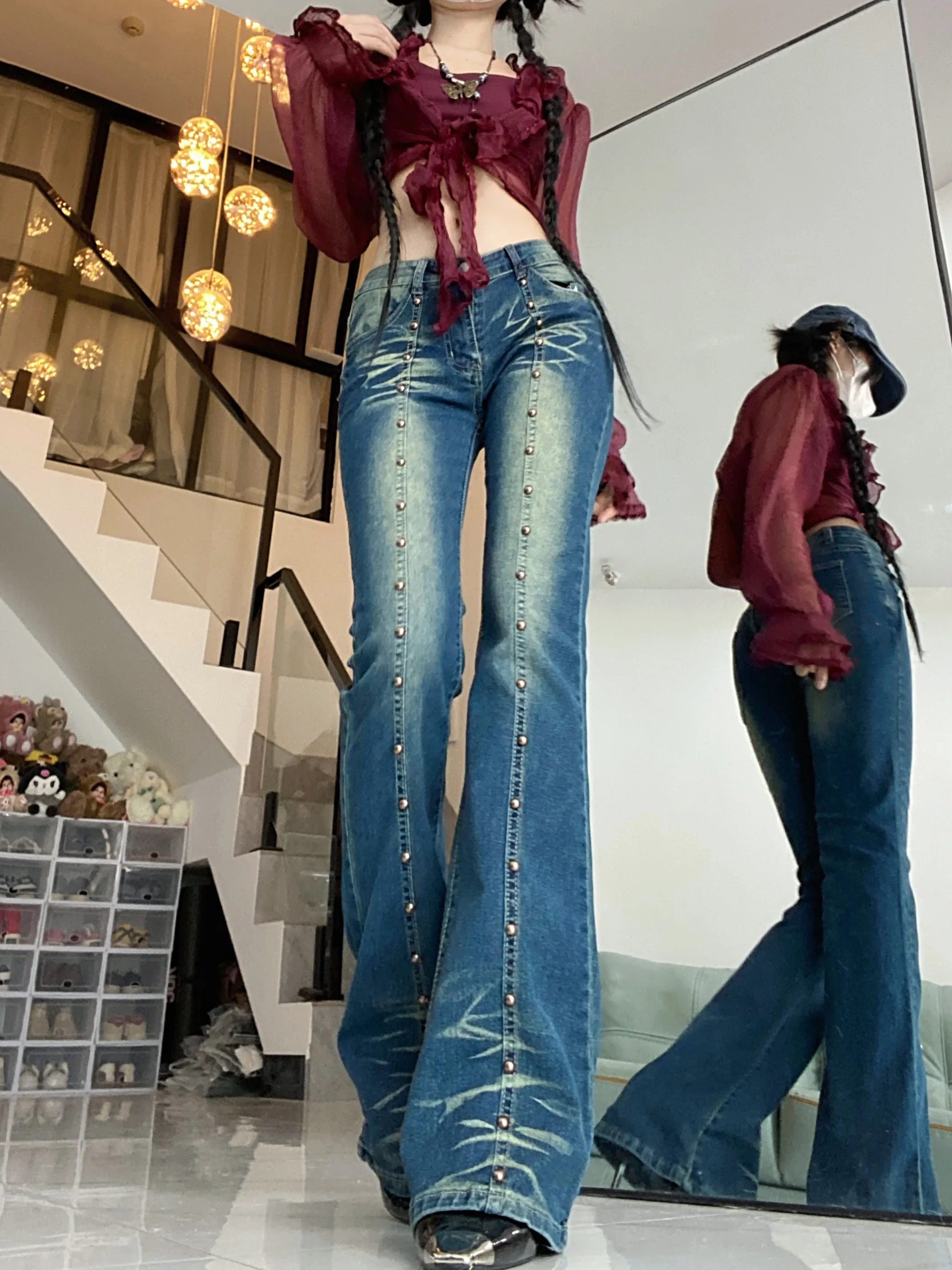 

Женские джинсы с заклепками, длинные брюки с завышенной талией