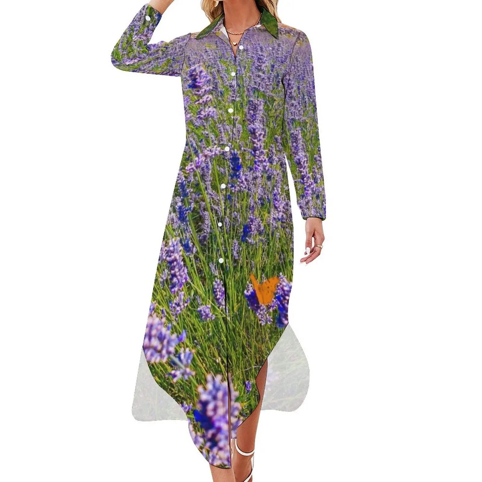 

Lavender Field Chiffon Dress Purple Flower Print Beach Dresses Streetwear Casual Dress Ladies Sexy Trendy Clothing 4XL 5XL 6XL