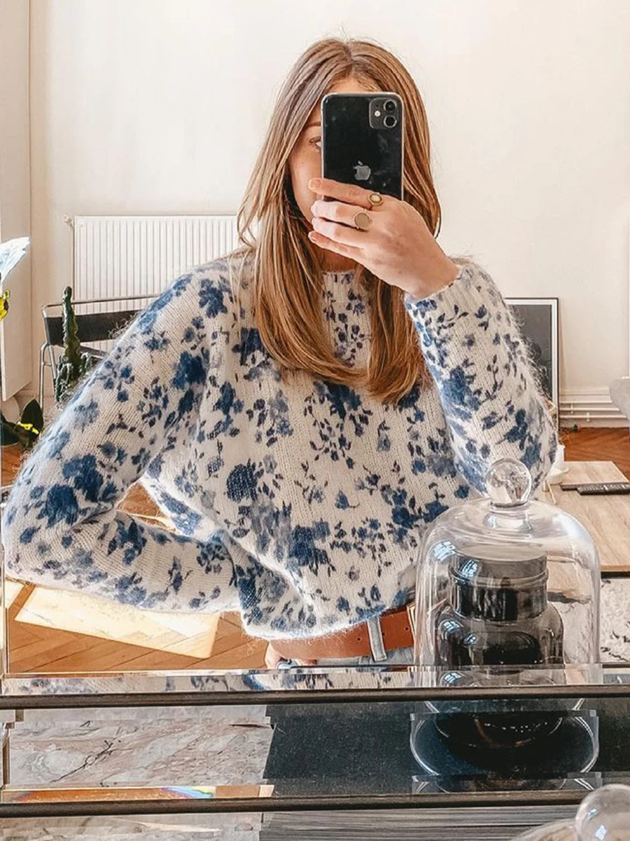 

Blue Flower Print Sweater Women Winter Round Neckline Long-sleeved Kid Mohair Wool Jumper Eleagnt Female Retro Knitwear Pullover