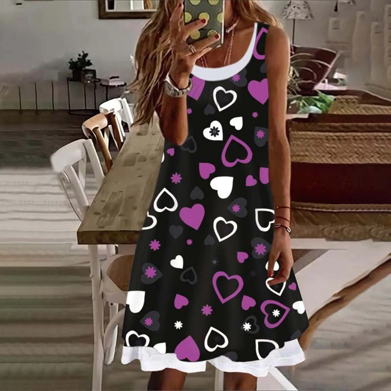

Summer New Fashion Dress European Beauty Print Fake Two Piece Love Dress Sexy Hot Girl Sleeveless Comfortable Dress 2022