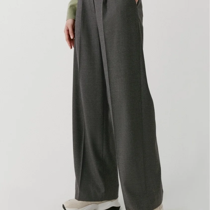 Stretch Fine Twill Double Pleated Loose Pants Straight Leg Pants for Women