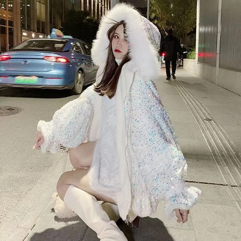 Big fur collar fried street sequined cotton clothing women's winter plus velvet thickened fox fur imitation rabbit fur coat tide