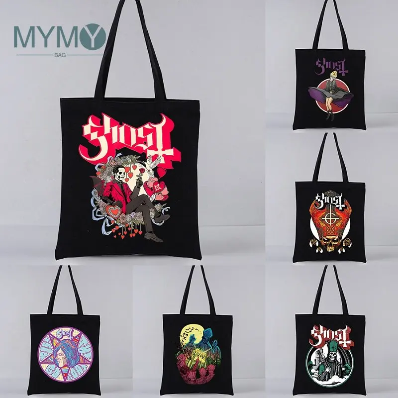 

Ghost Band Shoulder Bag Harajuku Black Casual Shopping Bags Canvas Large Capacity Tote Bags Reusable Travel Beach Handbags