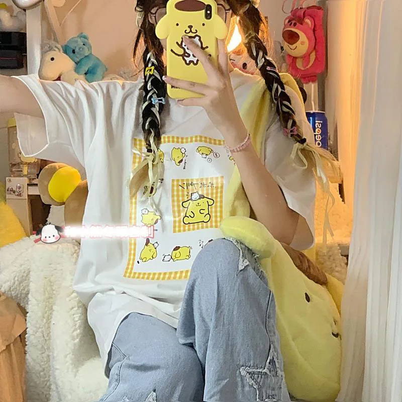 

Sanrio Kawali Pompompurin футболка с коротким рукавом из чистого хлопка с круглым вырезом свободного кроя Удобная аниме мультяшный милый подарок для девочек на день рождения