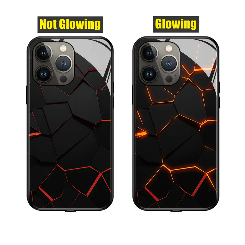 Crevices 7 Color LED Light Glowing Luminous Tempered Glass Phone Case for iPhone Xs Xr 11 12 13 14 Pro Max Plus Protector Cover