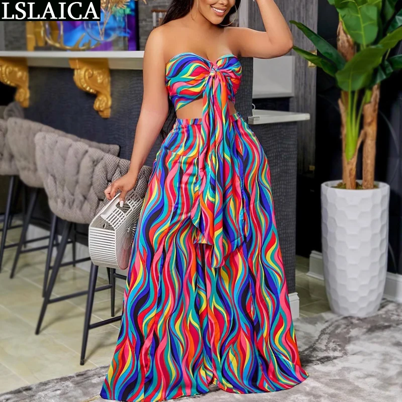 

Two Piece Sets Womens Outifits Summer Fashion Print Sexy Strapless Crop Tops & Wide Leg Pants Suit Casual Holiday 2 Piece Set