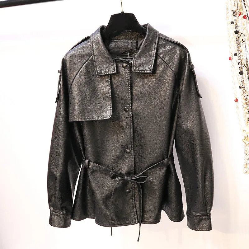 Windbreaker style slimming leather coat 2023 autumn clothes new lace-up temperament leather jacket