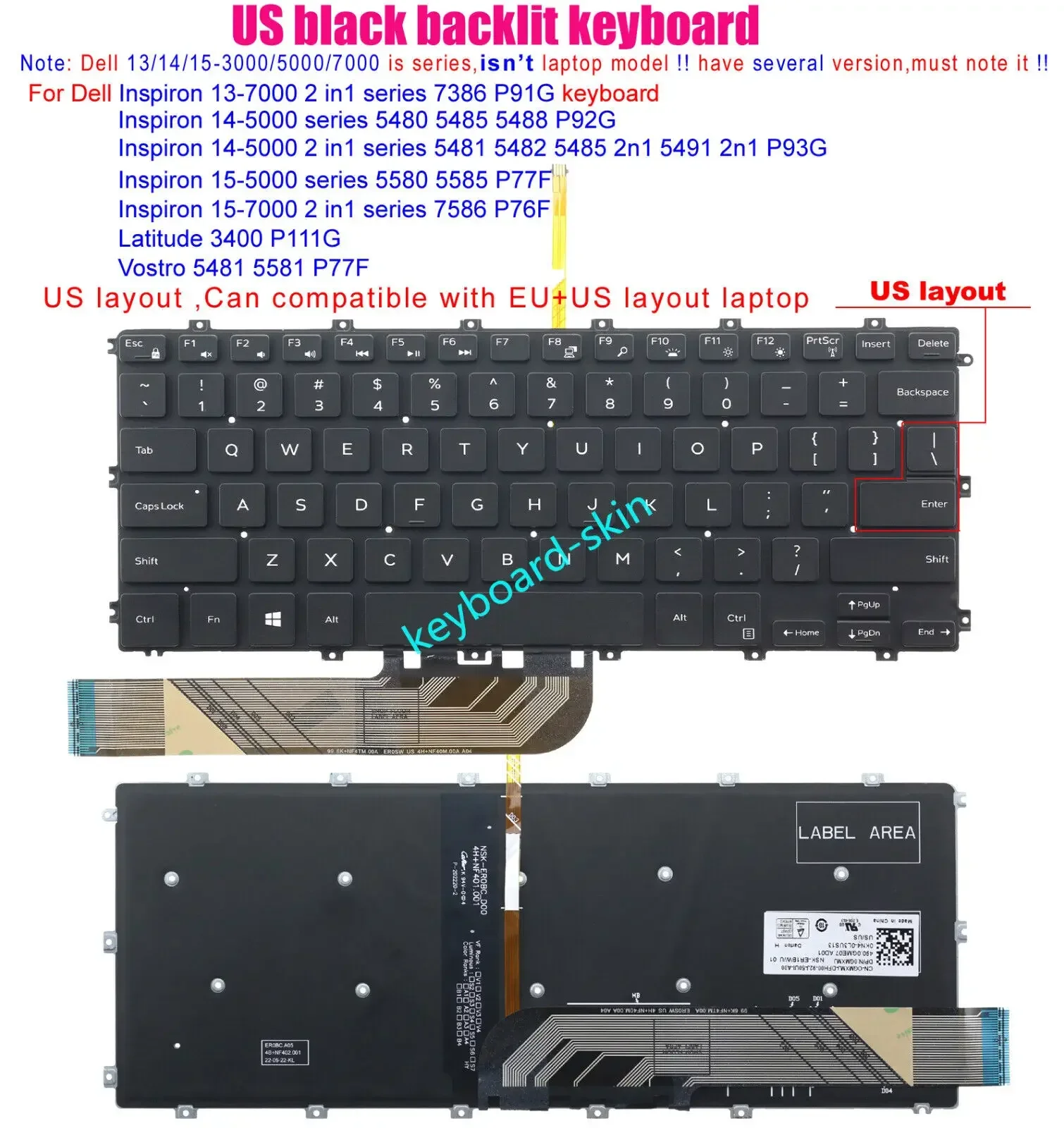 Фото Новая американская клавиатура без рамки с подсветкой для Dell Inspiron 14-5000 2 в 1 серии 5481 5482 5485 2n1 5491 2n1 P93G 5480 5485 5488 P92G №1