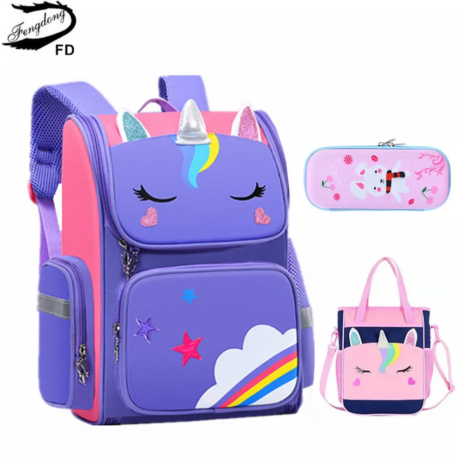 Fengdong Cute Cartoon 3D School Backpack Children School Bags for Girls kawaii pen pencil bag Waterproof Primary student bookbag